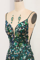 Fancy Dress, Sparkly Dark Green Mermaid Spaghetti Straps Lace Up Prom Dress With Split