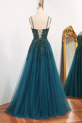 Party Dress 2036, Glitter Dark Green A-Line Tulle Long Appliqued Prom Dress With Slit