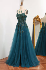 Party Dresses 2036, Glitter Dark Green A-Line Tulle Long Appliqued Prom Dress With Slit