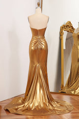 Graduation Dress, Sparkly Golden Mermaid Sweetheart Zipper Back Long Prom Dress With Slit