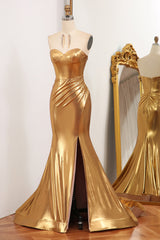Party Dress, Sparkly Golden Mermaid Sweetheart Zipper Back Long Prom Dress With Slit