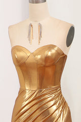 Graduation Outfit Ideas, Sparkly Golden Mermaid Sweetheart Zipper Back Long Prom Dress With Slit