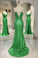 Elegant Dress, Sparkly Green Spaghetti Straps Lace Up Long Prom Dress with Split