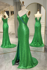 Hoco Dress, Sparkly Green Spaghetti Straps Lace Up Long Prom Dress with Split