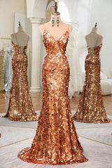Prom Dress Light Blue, Sparkly Rose Golden Mermaid Spaghetti Straps Long Sequin Prom Dress With Split