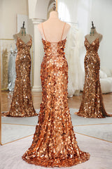 Prom Dress Country, Sparkly Rose Golden Mermaid Spaghetti Straps Long Sequin Prom Dress With Split