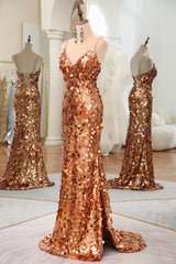 Prom Dress Champagne, Sparkly Rose Golden Mermaid Spaghetti Straps Long Sequin Prom Dress With Split