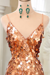 Prom Dresses Blue Light, Sparkly Rose Golden Mermaid Spaghetti Straps Long Sequin Prom Dress With Split