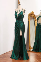 Party Dresses Classy, Dark Green Mermaid Spaghetti Straps Keyhole Long Prom Dress With Slit