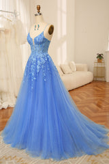 Party Dress For Couple, A-Line Spaghetti Straps Zipper Back Long Tulle Prom Dress With Appliques