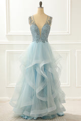 Formal Dress On Sale, A Line Light Blue Beading Prom Dress with Appliques