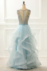 Formal Dresses Shops, A Line Light Blue Beading Prom Dress with Appliques