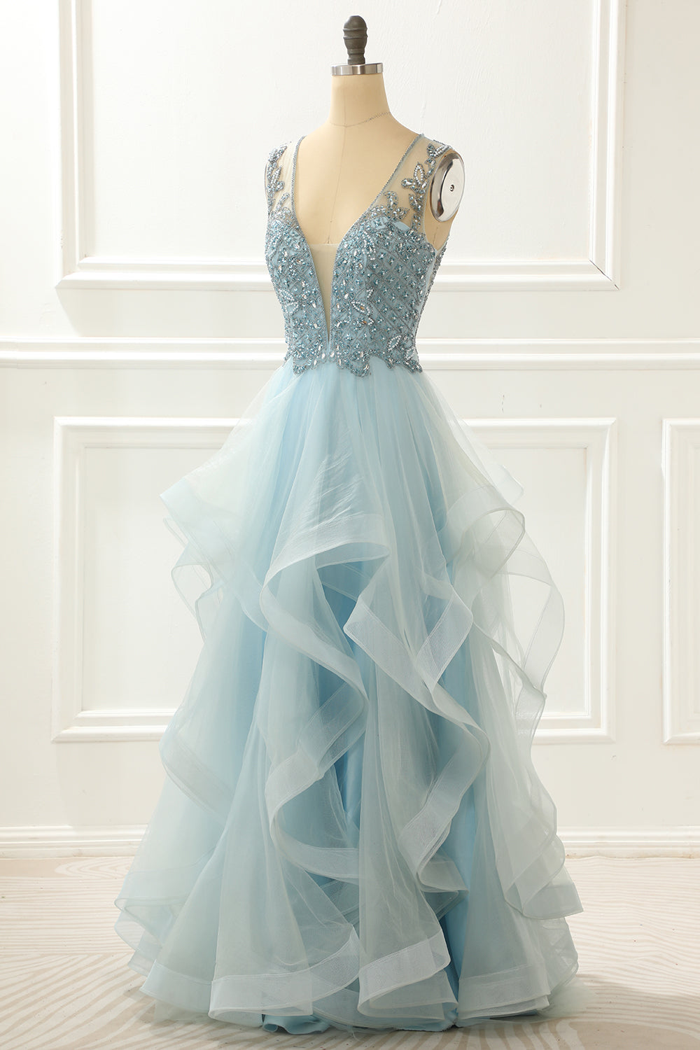 Formal Dress Shop, A Line Light Blue Beading Prom Dress with Appliques