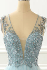 Formal Dress Shops, A Line Light Blue Beading Prom Dress with Appliques