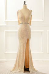 Formal Dress Inspo, Champagne Sequins Long Prom Dress with Slit