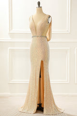 Formal Dresses And Evening Gowns, Champagne Sequins Long Prom Dress with Slit