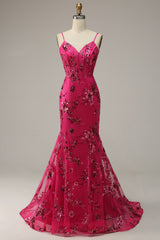Prom Dresses Shiny, Hot Pink Sequins Print Mermaid Prom Dress