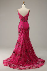 Prom Dress Shiny, Hot Pink Sequins Print Mermaid Prom Dress