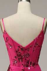 Prom Dress Mermaid, Hot Pink Sequins Print Mermaid Prom Dress