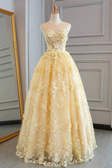 Formal Dress Shopping, Yellow Sheer Neck Tulle Lace Floral Floor Length Prom Dresses