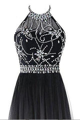 Prom Dresses Cheap, Classy Black And White Halter Lace Up Long Beaded Prom Dress