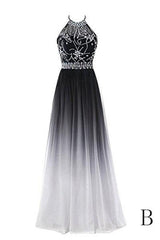 Prom Dresses Vintage, Classy Black And White Halter Lace Up Long Beaded Prom Dress
