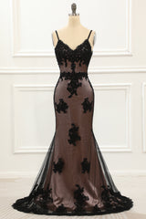 Evening Dresses Off The Shoulder, Spaghetti Straps Black Mermaid Prom Dress with Lace
