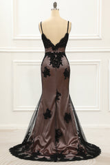 Evening Dresses Midi, Spaghetti Straps Black Mermaid Prom Dress with Lace