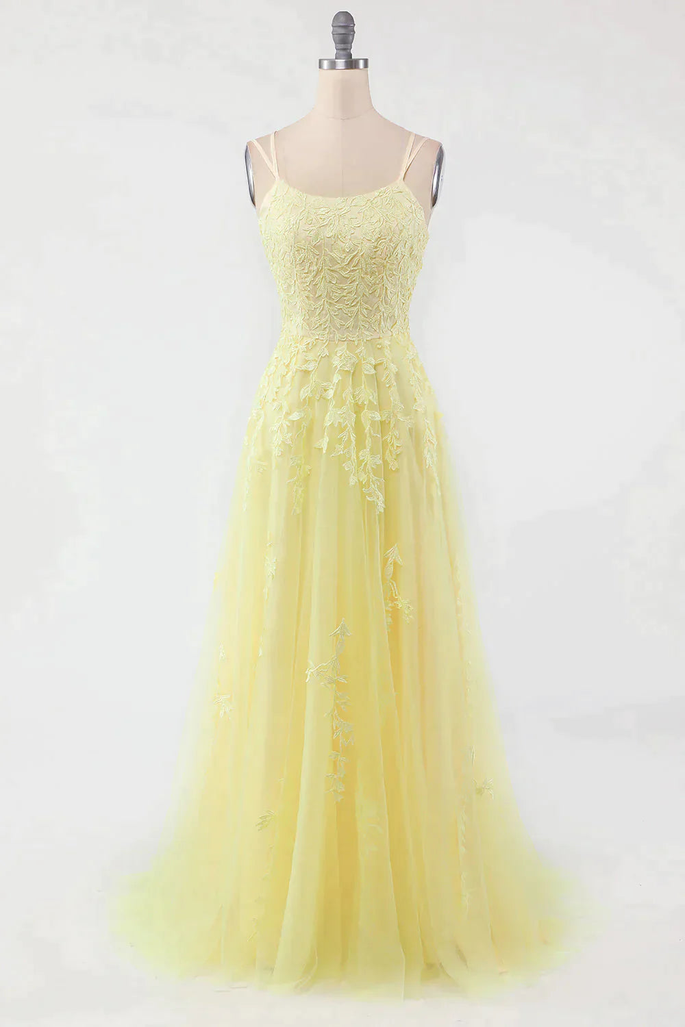 Functional Dress, A-Line Double Straps Lace Up Long Prom Dress With Appliques