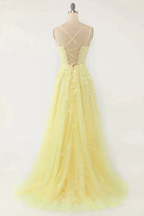 Tulle Dress, A-Line Double Straps Lace Up Long Prom Dress With Appliques