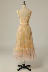 Homecoming Dresses Blues, A Line Sweetheart Champagne Long Prom Dress with Embroidery