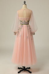 Bridesmaid Dresses Blues, A Line Jewel Light Nude Long Prom Dress with Embroidery