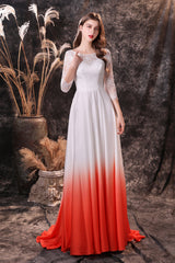 Party Dress Style Shop, A Line 3/4 Sleeve Ombre Silk Like Satin Sweep Train Prom Dresses