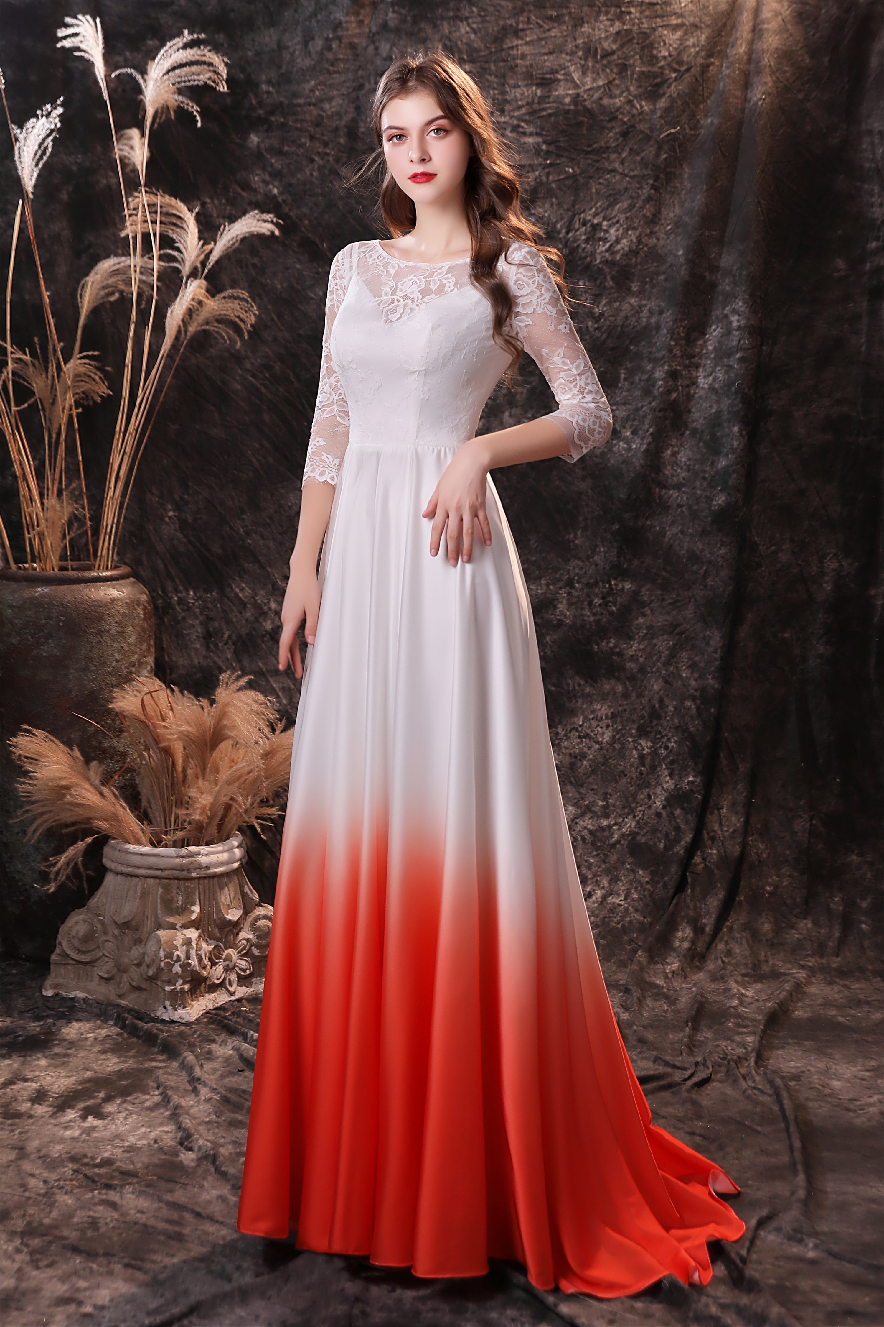 Party Dresses In Store, A Line 3/4 Sleeve Ombre Silk Like Satin Sweep Train Prom Dresses