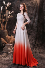 Party Dresses 2044, A Line 3/4 Sleeve Ombre Silk Like Satin Sweep Train Prom Dresses