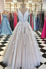 Prom Dresses With Sleeve, A Line Applique Tulle Prom Dress, Long V Neck Sleeveless Party Dress with Beading