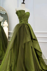 Bridesmaid Dresses Cheap, A Line Asymmetrical Strapless Green Long Prom Dress with Ruffles