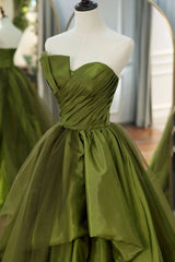 Bridesmaid Dress Outdoor Wedding, A Line Asymmetrical Strapless Green Long Prom Dress with Ruffles