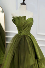 Bridesmaid Dresses Blue, A Line Asymmetrical Strapless Green Long Prom Dress with Ruffles