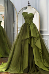 Bridesmaid Dresses Colorful, A Line Asymmetrical Strapless Green Long Prom Dress with Ruffles