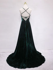 Evening Dresses Black, A-Line Backless Green Velvet Long Prom Dresses, Green Formal Evening Dresses