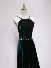 Evening Dress Prom, A-Line Backless Green Velvet Long Prom Dresses, Green Formal Evening Dresses