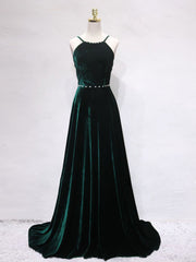 Evening Dress Black, A-Line Backless Green Velvet Long Prom Dresses, Green Formal Evening Dresses