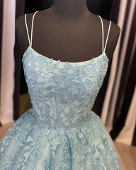 Party Dresses For Babies, A Line Backless Lace Long Sky Blue Prom Dress, Backless Sky Blue Lace Formal Dress, Sky Blue Evening Dress