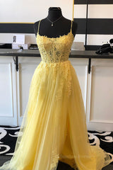 Bridesmaid Dress Floral, A Line Backless Yellow Lace Floral Long Prom Dress with High Slit, Open Back Yellow Lace Formal Dress, Yellow Lace Evening Dress