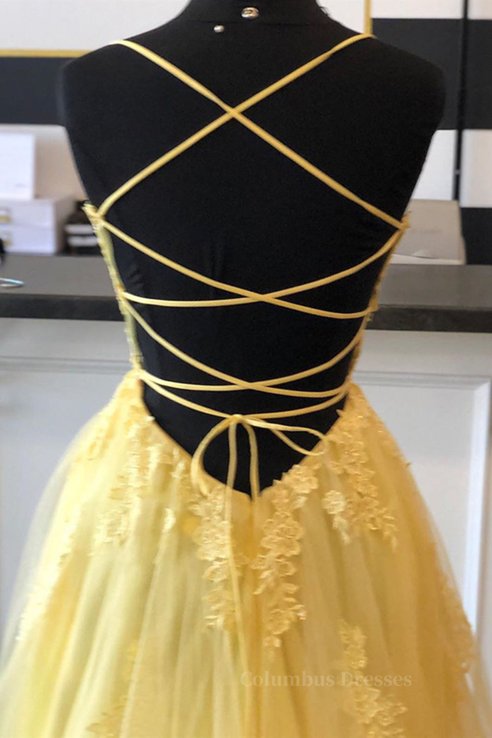 Bridesmaids Dresses Floral, A Line Backless Yellow Lace Floral Long Prom Dress with High Slit, Open Back Yellow Lace Formal Dress, Yellow Lace Evening Dress