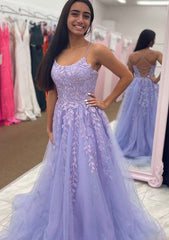 Evening Dress Stores, A-line Bateau Court Train Tulle Glitter Prom Dress With Appliqued Beading
