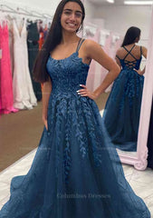 Evening Dresses Stores, A-line Bateau Court Train Tulle Glitter Prom Dress With Appliqued Beading