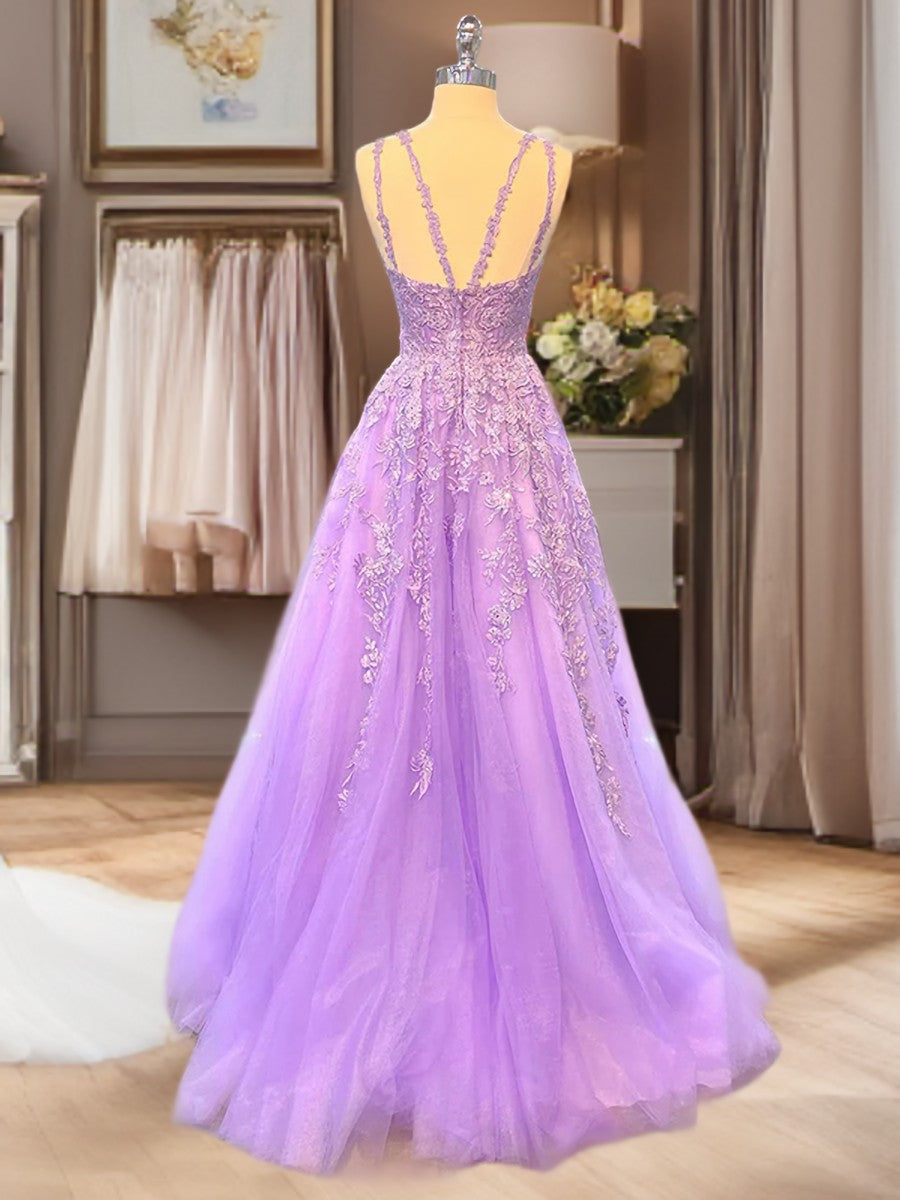 Prom Dresses For Chubby Girls, A-line Bateau Long Sleeves Appliques Lace Floor-Length Tulle Dress