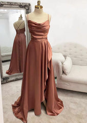 Formal Dresses For Girls, A-line Bateau Spaghetti Straps Long/Floor-Length Satin Prom Dress With Pleated Split